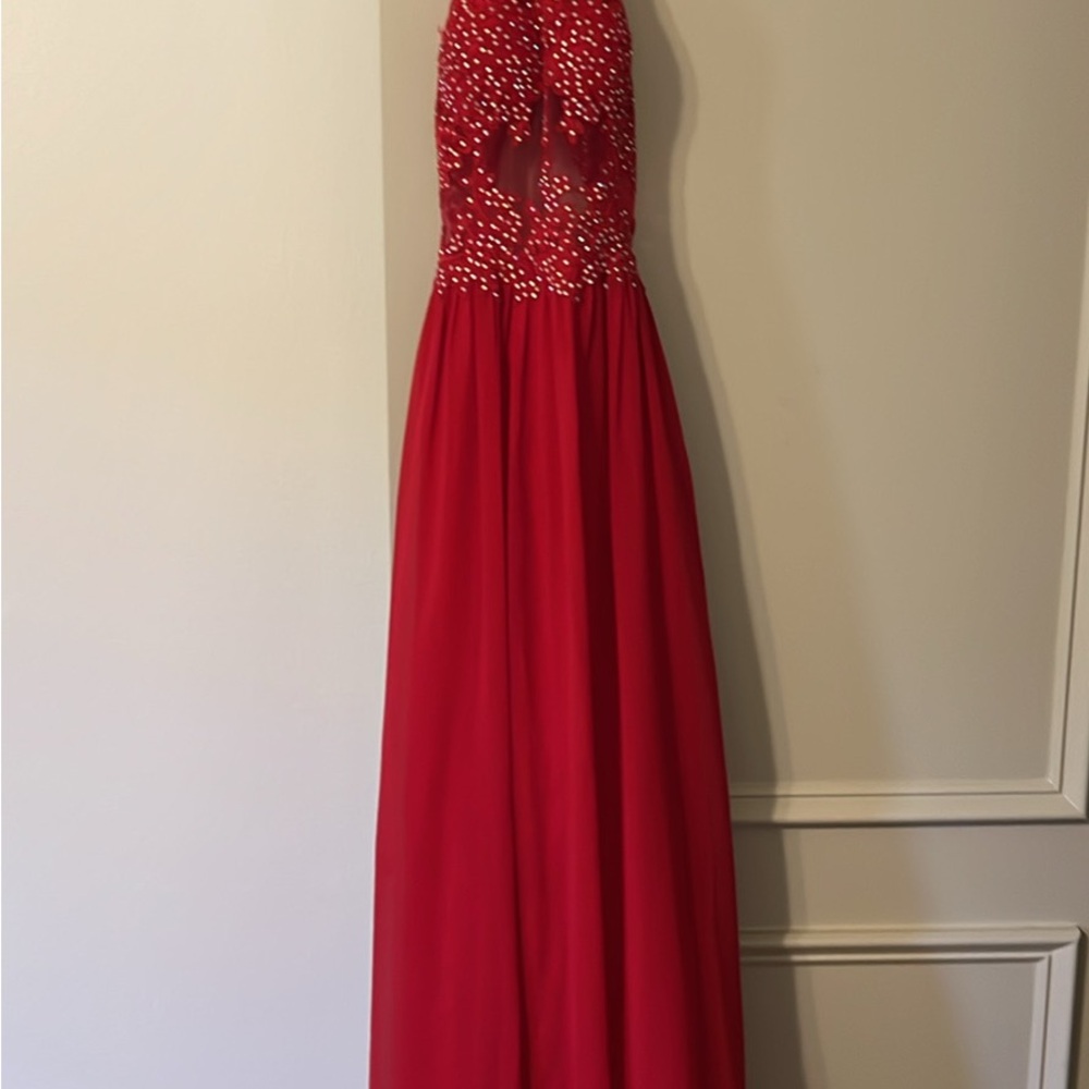 Blondie Nites Red Halter Backless Gown
